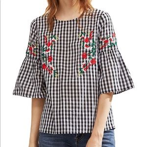 Plaid and floral embroidered top